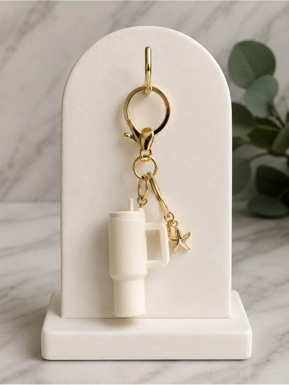Beach Tumbler Bag Charm | White Cup Purse Charm | Gold Starfish | Coastal